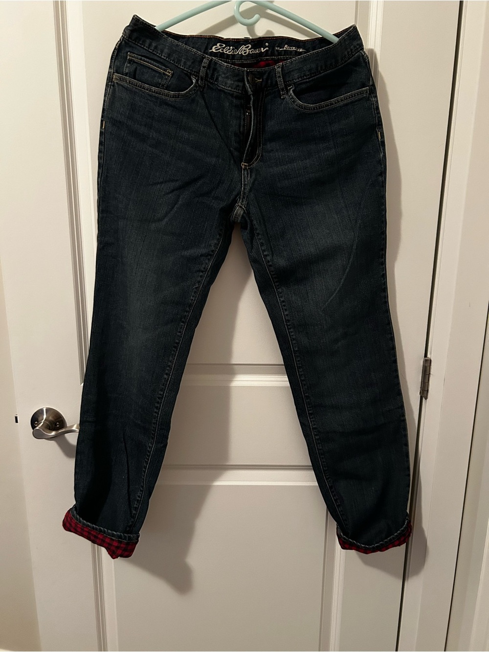 Eddie Bauer Dark Blue Jeans with Red Plaid Flannel Lining